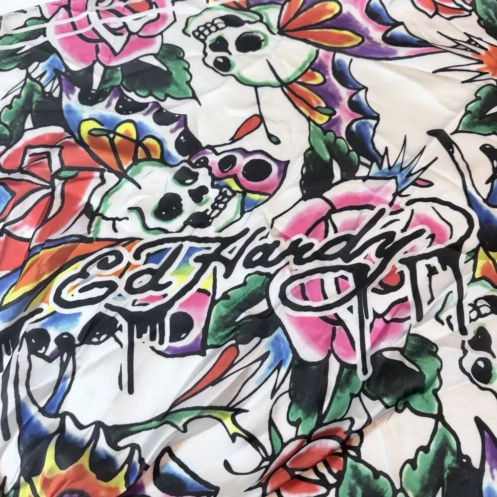 Ed Hardy Y2K Skull Butterfly Roses Logo Print Scarf NWT